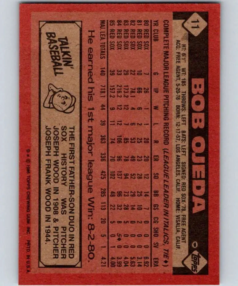 1986 Topps #11 Bob Ojeda EX Excellent Boston Red Sox Baseball Card - Baseball Card Single