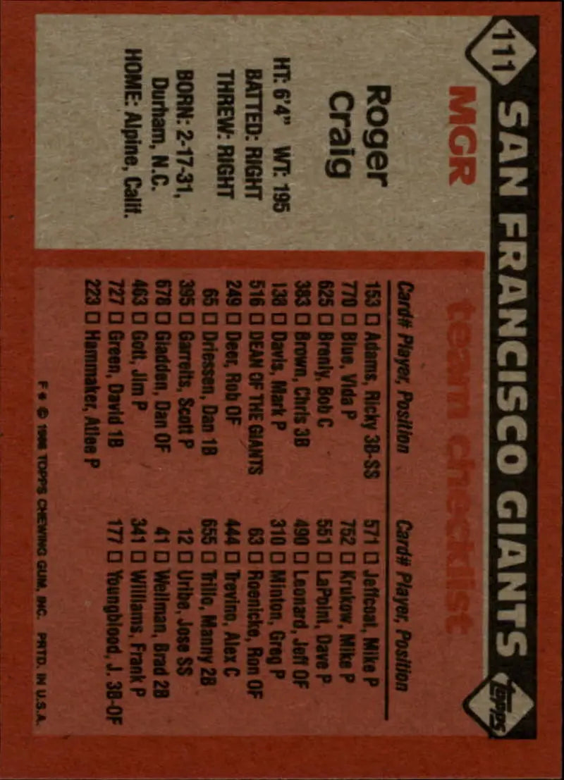 1986 Topps #111 Roger Craig EX Excellent San Francisco Giants Baseball Card - Baseball Card Single