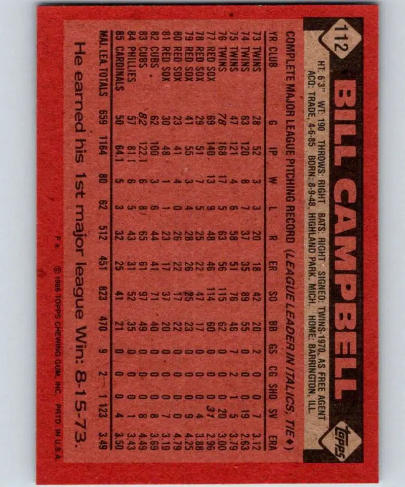 1986 Topps #112 Bill Campbell EX Excellent St. Louis Cardinals Baseball Card - Baseball Card Single