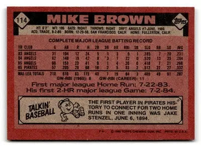 Back of 1986 Topps Mike Brown baseball card with player stats and bio