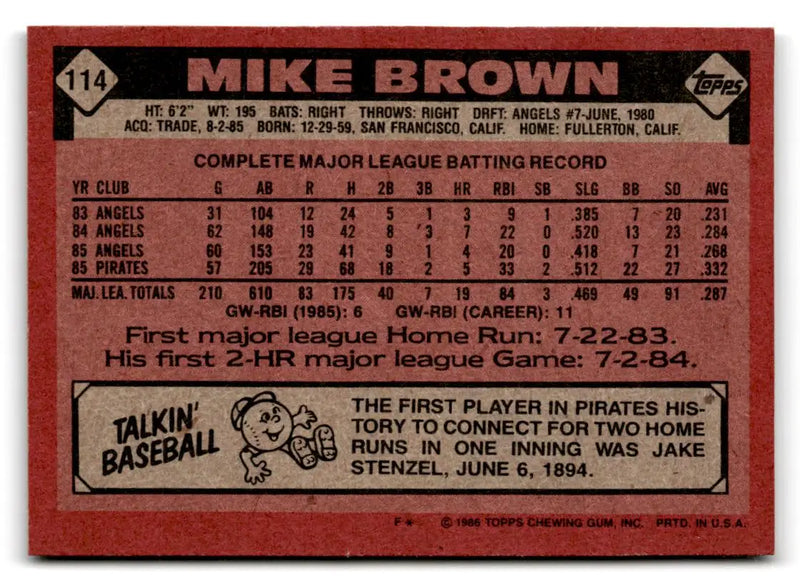 1986 Topps #114 Mike Brown - Baseball Card Single