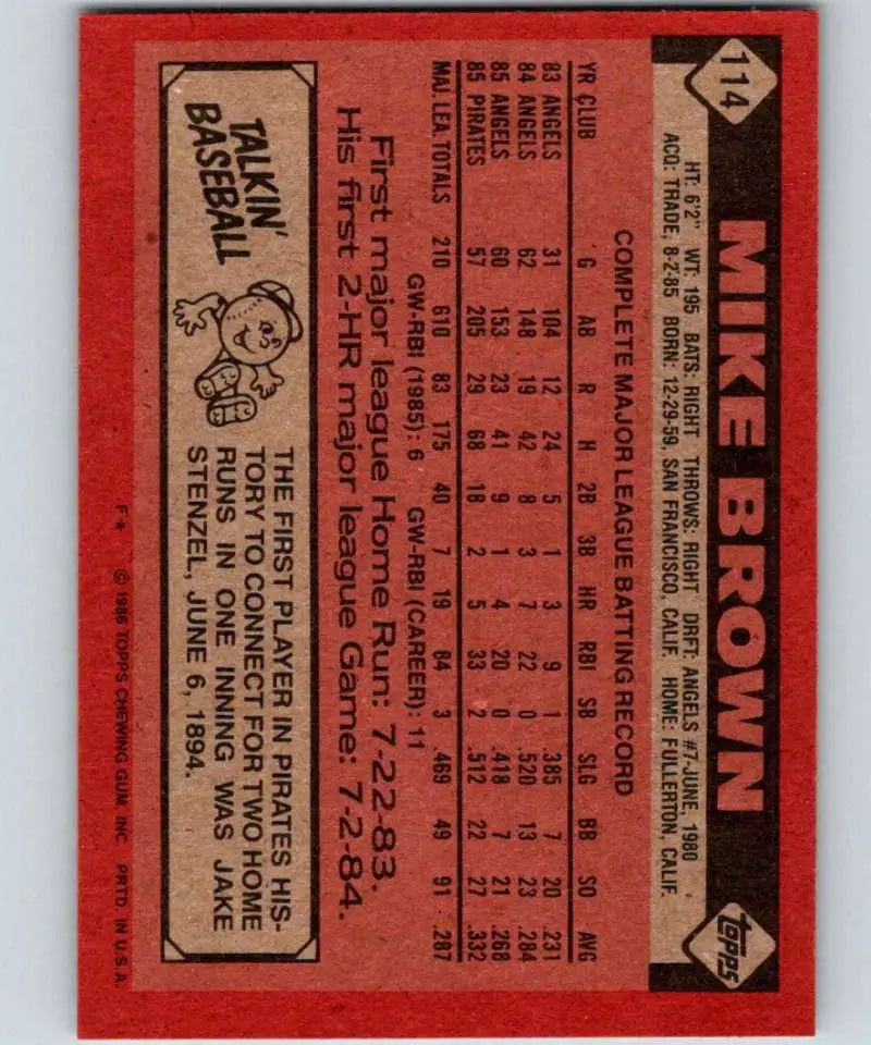 1986 Topps #114 Mike Brown EX Excellent Pittsburgh Pirates Baseball Card - Baseball Card Single