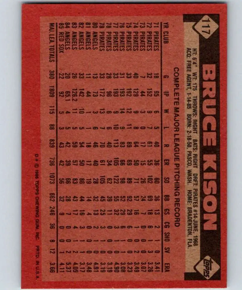 1986 Topps #117 Bruce Kison EX Excellent Boston Red Sox Baseball Card - Baseball Card Single