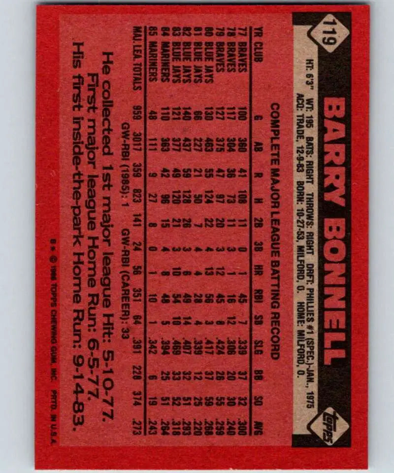 1986 Topps #119 Barry Bonnell EX Excellent Seattle Mariners Baseball Card - Baseball Card Single