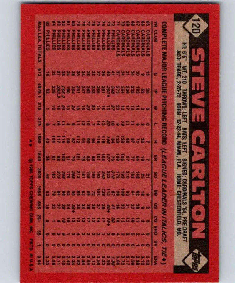 1986 Topps #120 Steve Carlton EX Excellent Philadelphia Phillies Baseball Card - Baseball Card Single