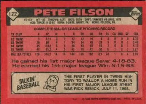 1986 Topps #122 Pete Filson NM-MT Twins - Baseball Card Single