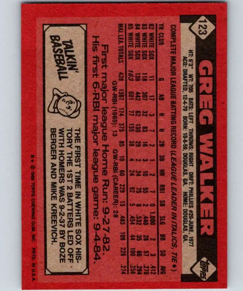 1986 Topps #123 Greg Walker EX Excellent Chicago White Sox Baseball Card - Baseball Card Single