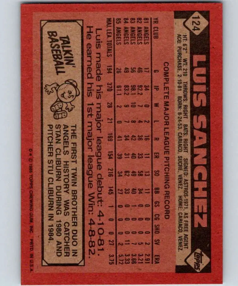 1986 Topps #124 Luis Sanchez EX Excellent California Angels Baseball Card - Baseball Card Single
