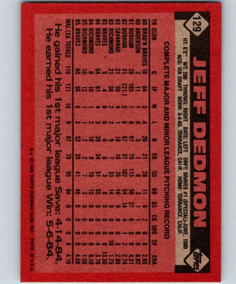 1986 Topps #129 Jeff Dedmon EX Excellent Atlanta Braves Baseball Card - Baseball Card Single