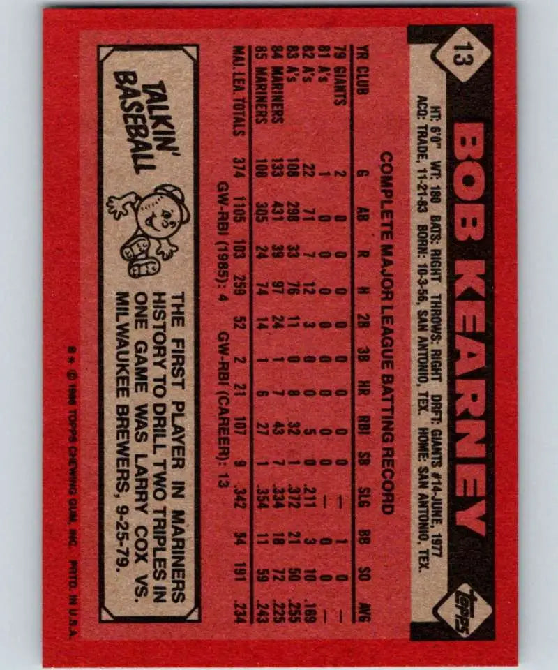 1986 Topps #13 Bob Kearney EX Excellent Seattle Mariners Baseball Card - Baseball Card Single