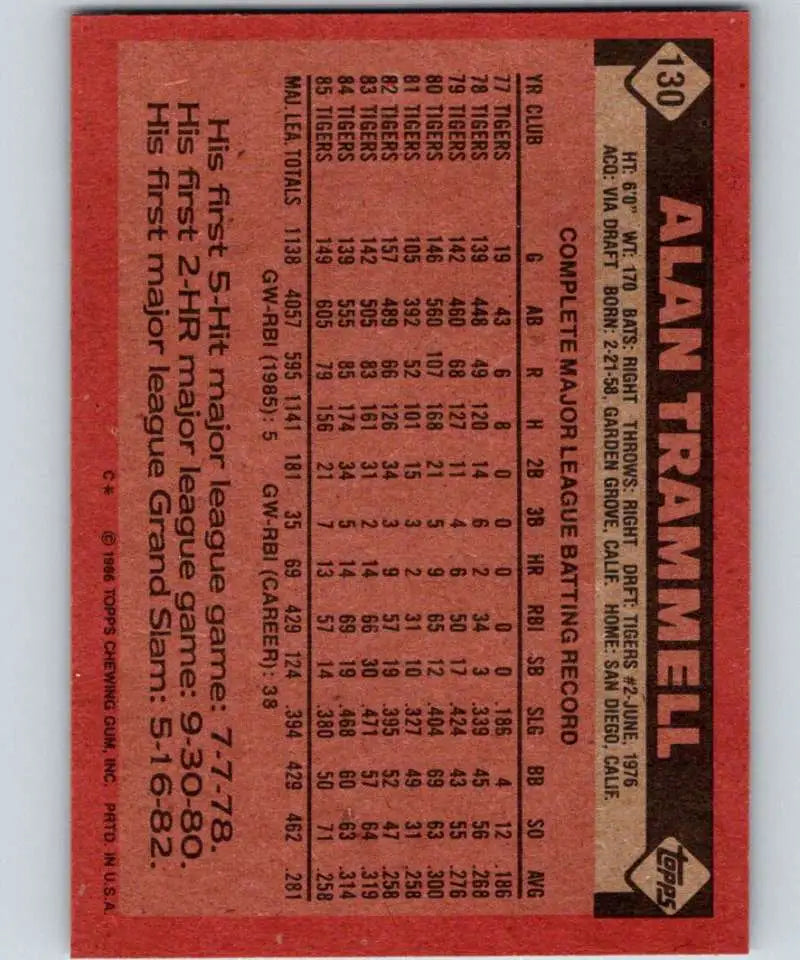 1986 Topps #130 Alan Trammell EX Excellent Detroit Tigers Baseball Card - Baseball Card Single