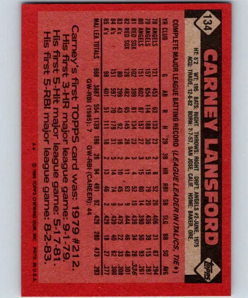 1986 Topps #134 Carney Lansford EX Excellent Oakland Athletics Baseball Card - Baseball Card Single