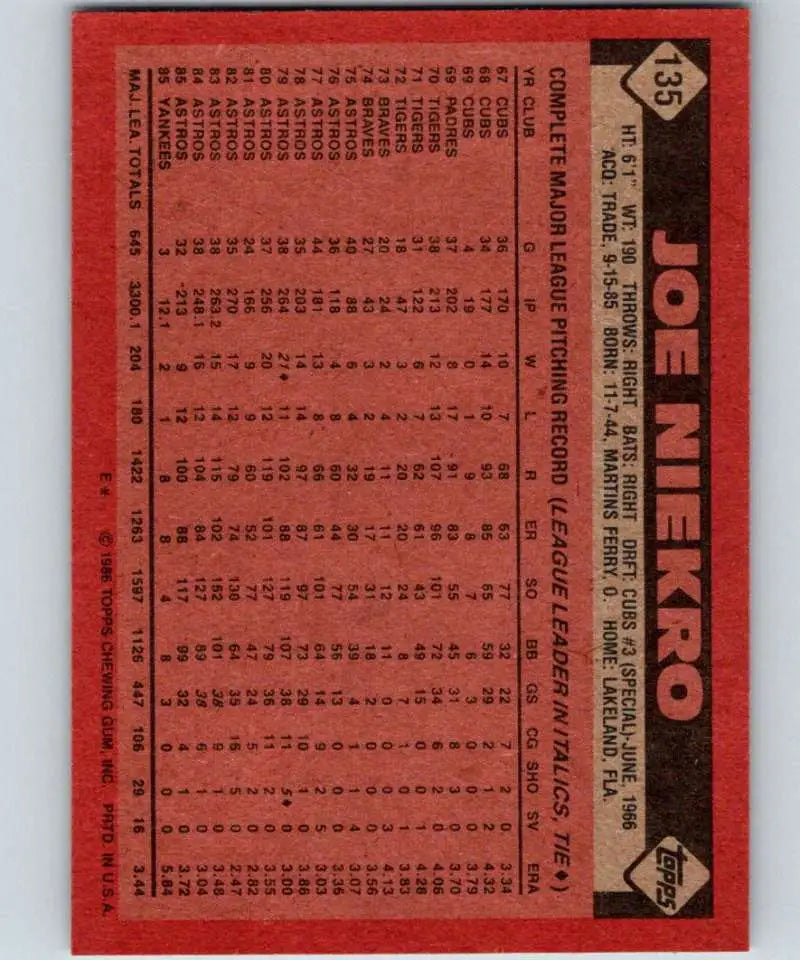 1986 Topps #135 Joe Niekro EX Excellent New York Yankees Baseball Card - Baseball Card Single