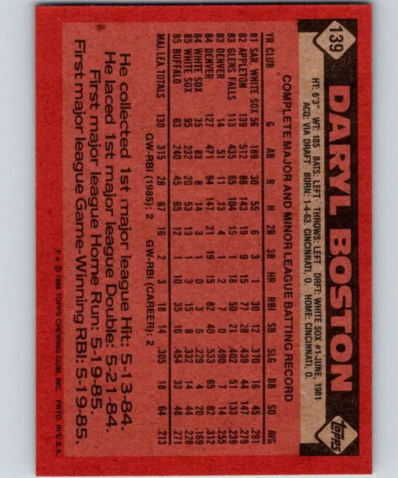 1986 Topps #139 Daryl Boston EX Excellent Chicago White Sox Baseball Card - Baseball Card Single