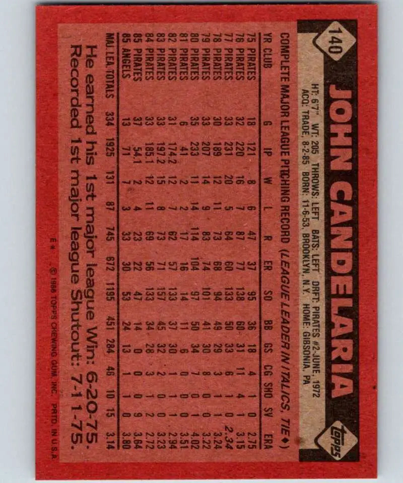 1986 Topps #140 John Candelaria EX Excellent California Angels Baseball Card - Baseball Card Single