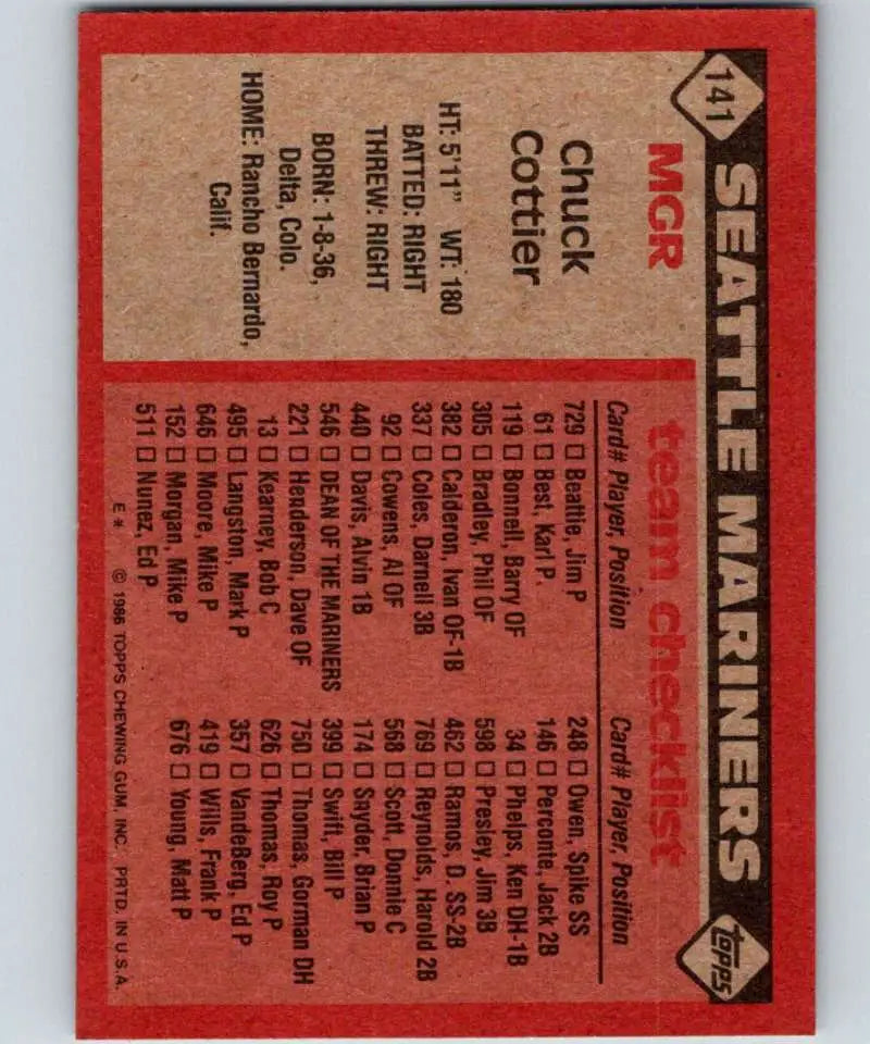 1986 Topps #141 Chuck Cottier EX Excellent Seattle Mariners Baseball Card - Baseball Card Single