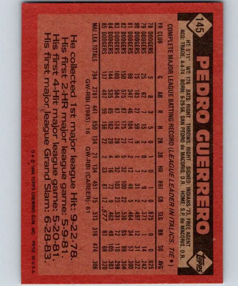 1986 Topps #145 Pedro Guerrero EX Excellent Los Angeles Dodgers Baseball Card - Baseball Card Single