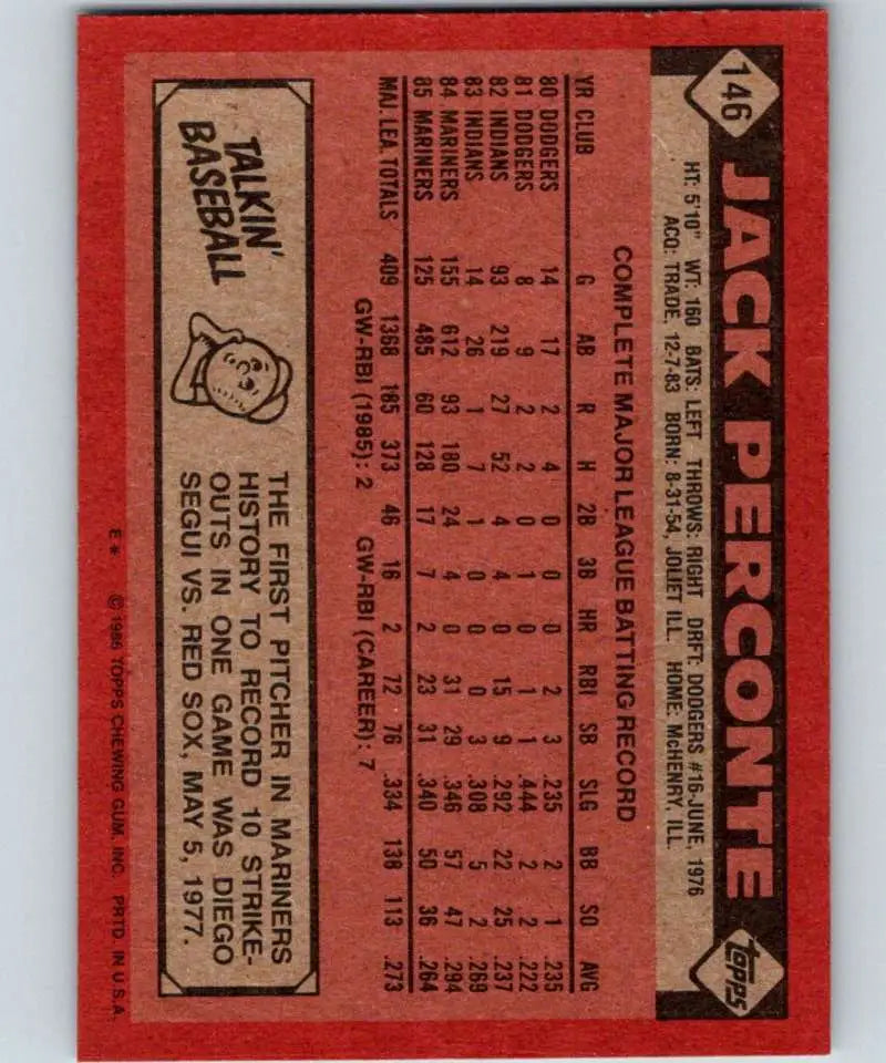 1986 Topps #146 Jack Perconte EX Excellent Seattle Mariners Baseball Card - Baseball Card Single