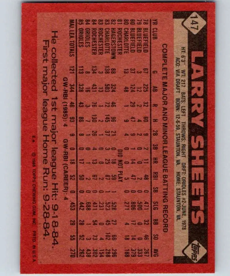1986 Topps #147 Larry Sheets EX Excellent Baltimore Orioles Baseball Card - Baseball Card Single