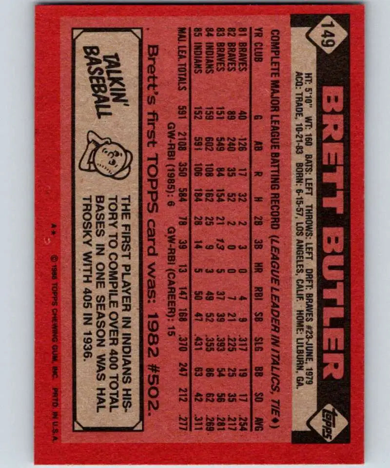 1986 Topps #149 Brett Butler EX Excellent Cleveland Indians Baseball Card - Baseball Card Single