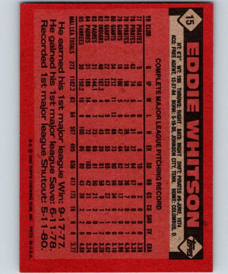 1986 Topps #15 Ed Whitson EX Excellent New York Yankees Baseball Card - Baseball Card Single