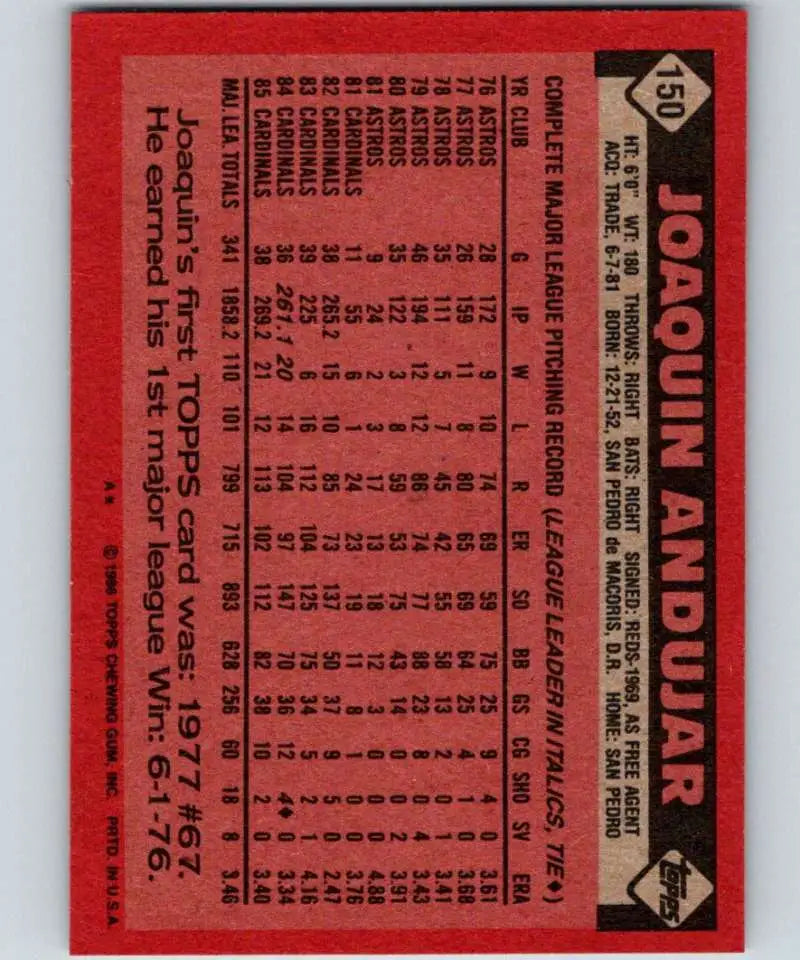 1986 Topps #150 Joaquin Andujar EX Excellent St. Louis Cardinals Baseball Card - Baseball Card Single