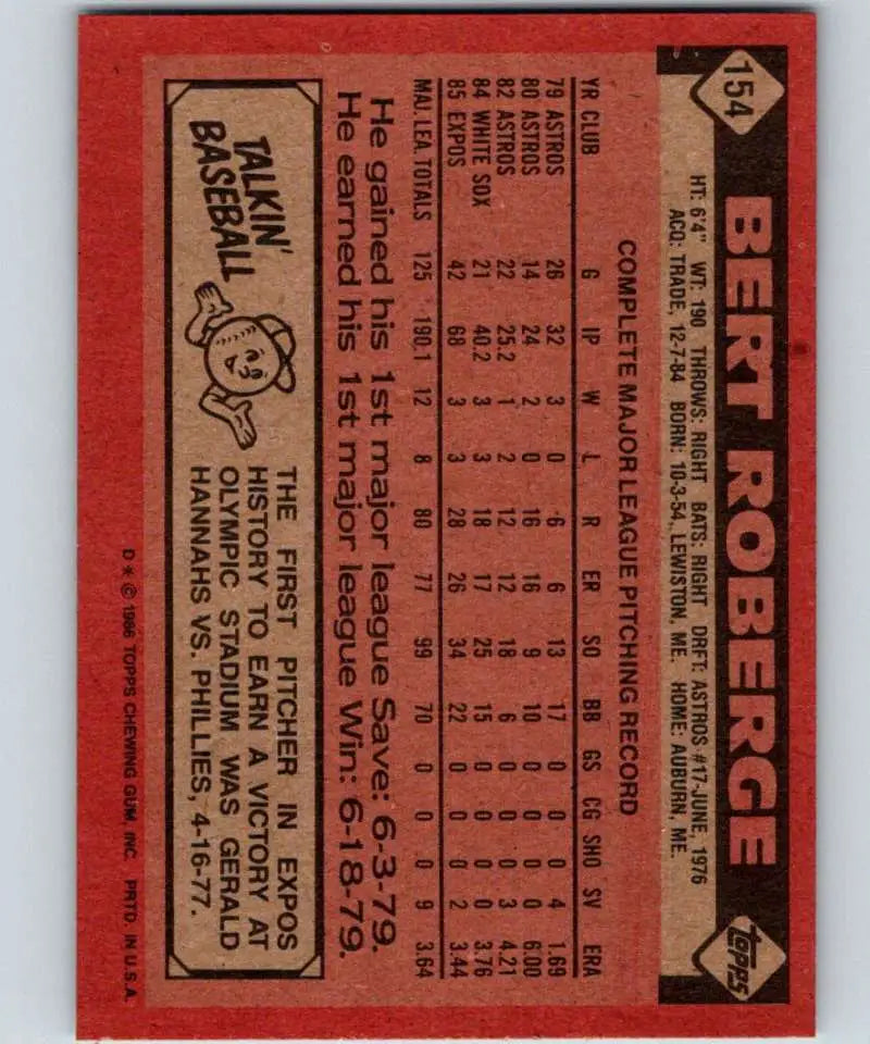 1986 Topps #154 Bert Roberge EX Excellent Montreal Expos Baseball Card - Baseball Card Single
