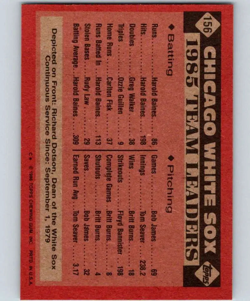 1986 Topps #156 Richard Dotson EX Excellent Chicago White Sox Baseball Card - Baseball Card Single