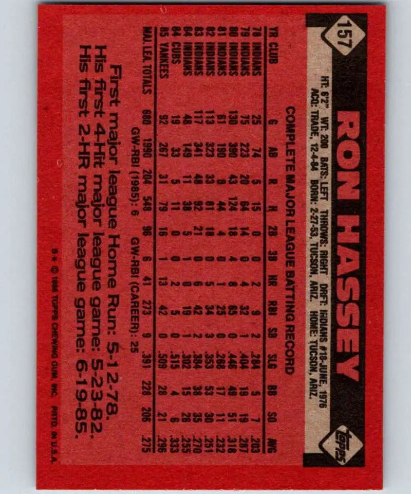 1986 Topps #157 Ron Hassey EX Excellent New York Yankees Baseball Card - Baseball Card Single