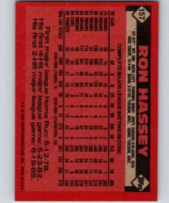 Ron Hassey baseball card back from 1986 Topps #157 with original gloss, sports cards
