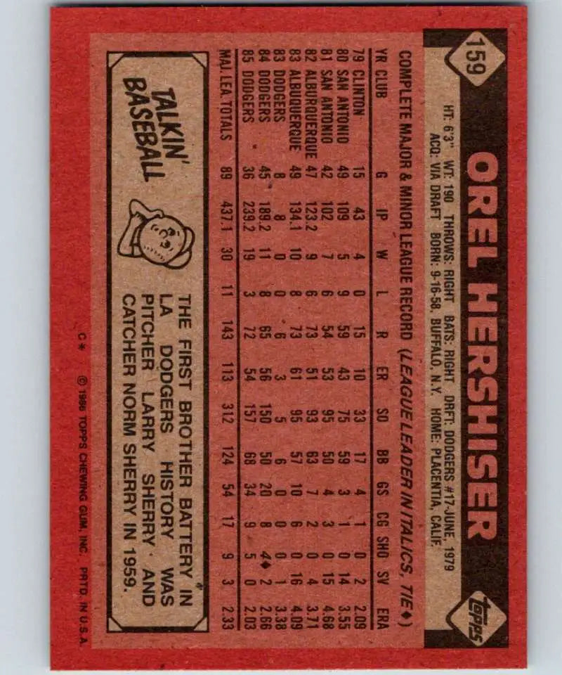 1986 Topps #159 Orel Hershiser EX Excellent Los Angeles Dodgers Baseball Card - Baseball Card Single