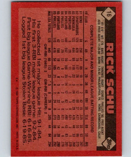 1986 Topps #16 Rick Schu EX Excellent Philadelphia Phillies Baseball Card - Baseball Card Single