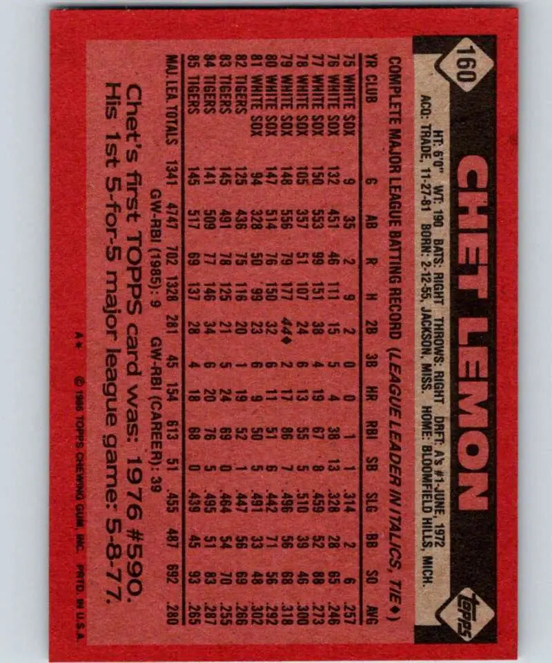 1986 Topps #160 Chet Lemon EX Excellent Detroit Tigers Baseball Card - Baseball Card Single