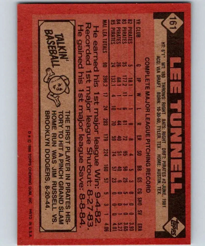 1986 Topps #161 Lee Tunnell EX Excellent Pittsburgh Pirates Baseball Card - Baseball Card Single