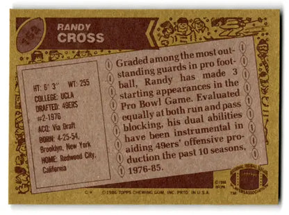 Original gloss Randy Cross football card back from 1986 Topps #162 Excellent 49ers