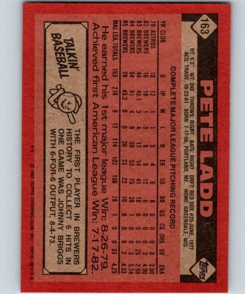 1986 Topps #163 Pete Ladd EX Excellent Milwaukee Brewers Baseball Card - Baseball Card Single