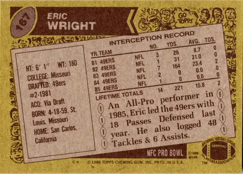 1986 Topps #167 Eric Wright NM Near Mint 49ers ID:46035 - Trading Cards