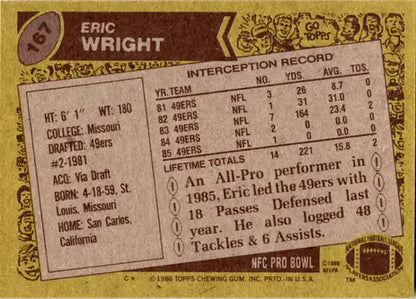 1986 Topps #167 Eric Wright NM Near Mint 49ers ID:46035 - Trading Cards