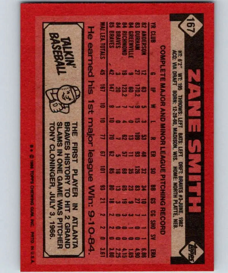 1986 Topps #167 Zane Smith EX Excellent Atlanta Braves Baseball Card - Baseball Card Single