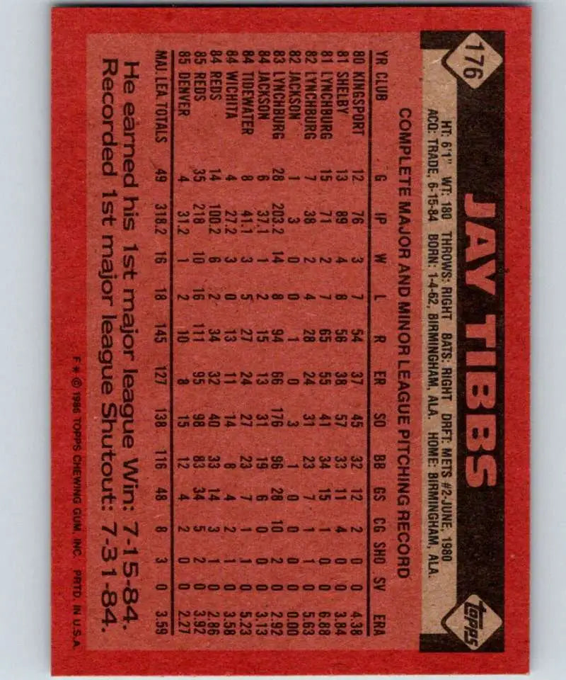 1986 Topps #176 Jay Tibbs EX Excellent Cincinnati Reds Baseball Card - Baseball Card Single