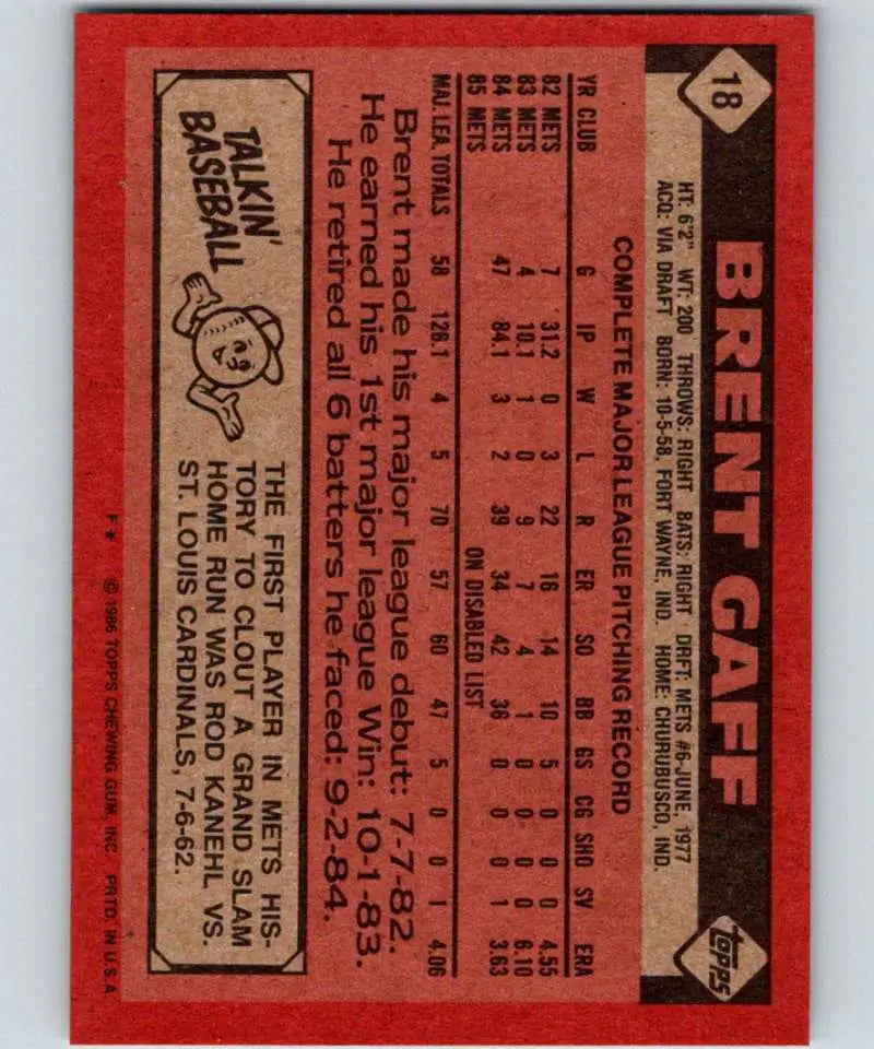 1986 Topps #18 Brent Gaff EX Excellent New York Mets Baseball Card - Baseball Card Single