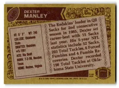 Back of 1986 Topps Dexter Manley football card showcasing player details and stats