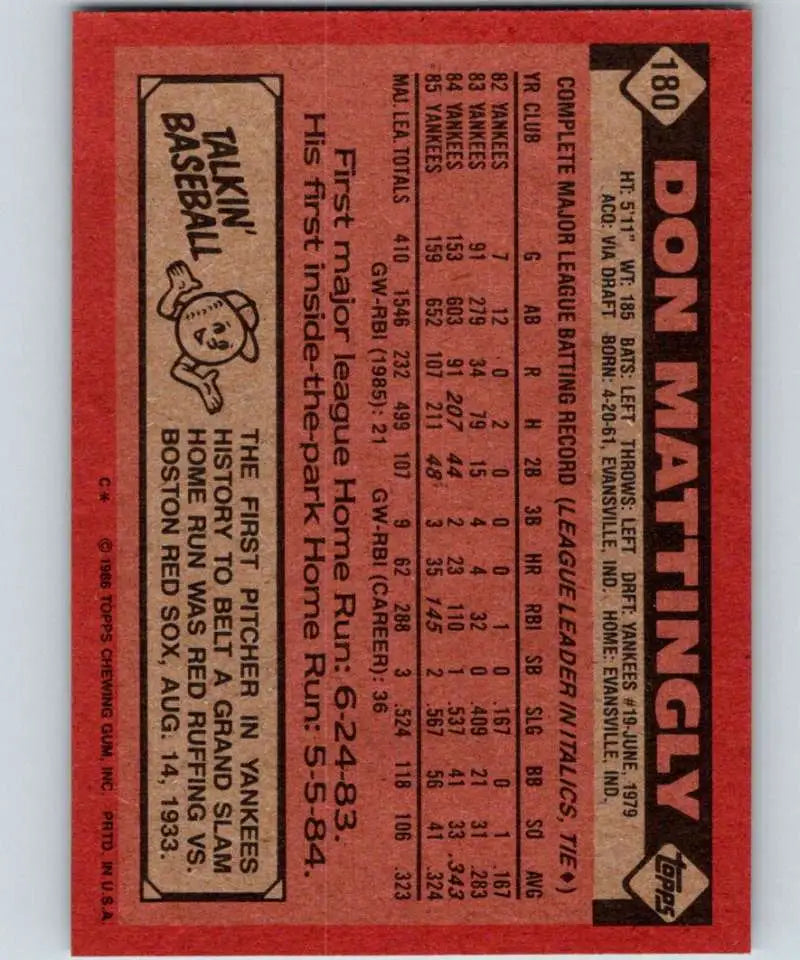 1986 Topps #180 Don Mattingly EX Excellent New York Yankees Baseball Card - Baseball Card Single