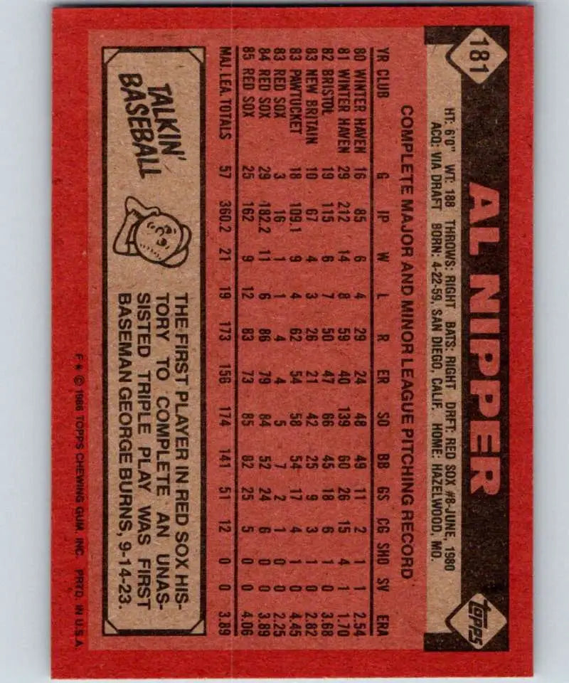 1986 Topps #181 Al Nipper EX Excellent Boston Red Sox Baseball Card - Baseball Card Single