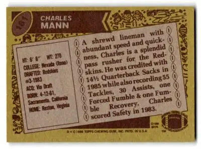 Back of a vintage 1986 Topps 181b Charles Mann football trading card