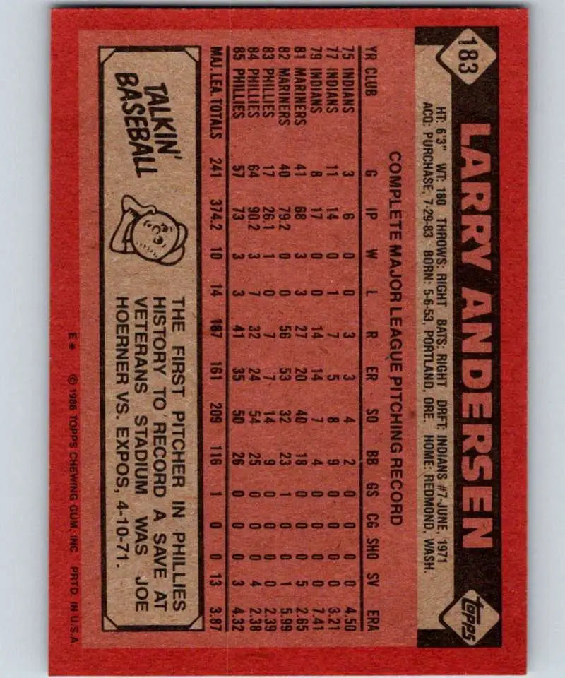 1986 Topps #183 Larry Andersen EX Excellent Philadelphia Phillies Baseball Card - Baseball Card Single