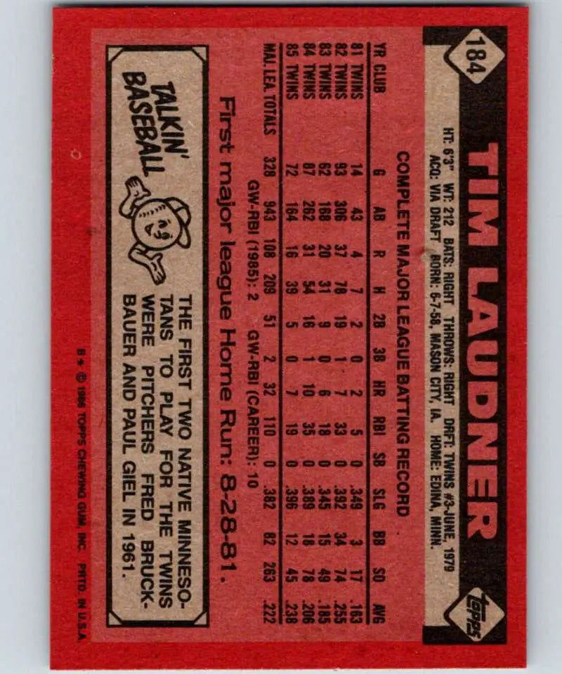 1986 Topps #184 Tim Laudner EX Excellent Minnesota Twins Baseball Card - Baseball Card Single