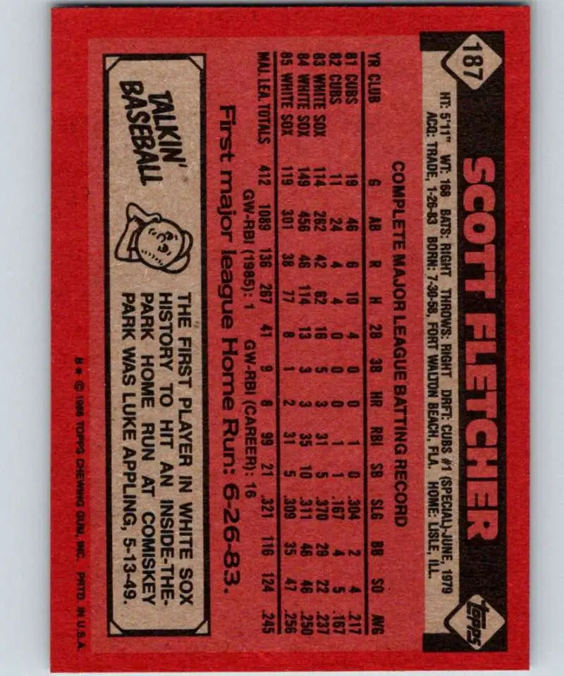 1986 Topps #187 Scott Fletcher EX Excellent Chicago White Sox Baseball Card - Baseball Card Single