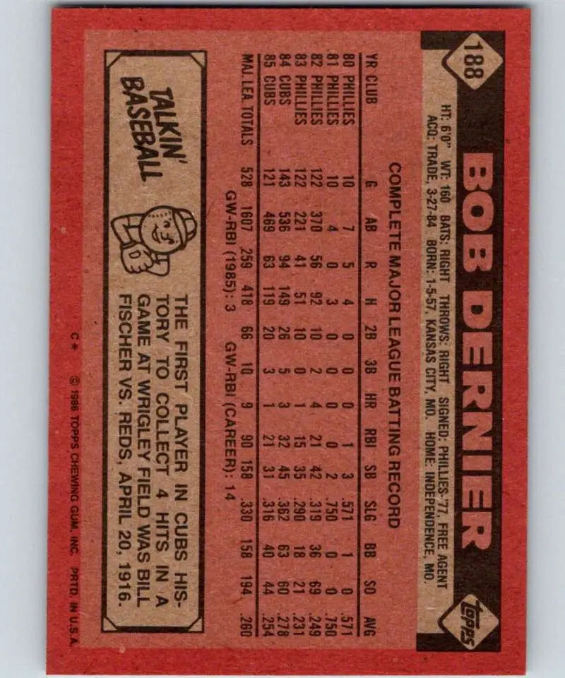 1986 Topps #188 Bob Dernier EX Excellent Chicago Cubs Baseball Card - Baseball Card Single