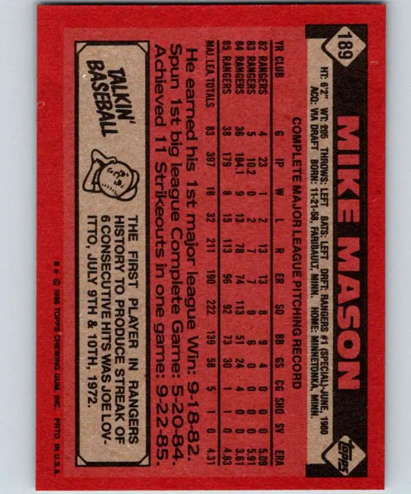 1986 Topps #189 Mike Mason EX Excellent Texas Rangers Baseball Card - Baseball Card Single